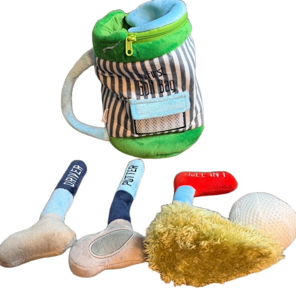 My First Golf Bag Plush Toddler Playset Green Blue Striped Soft Toy Set